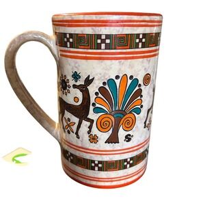 Neofitoy Keramik Handmade Greek Pottery Mug Deer Gazelle Geometric Orange Teal